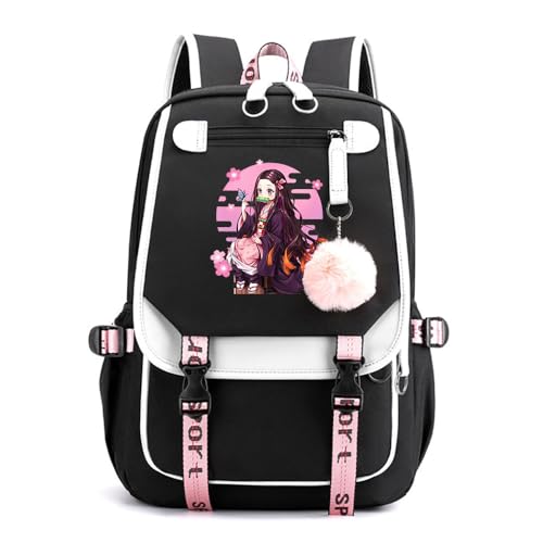 Anime Demon Tanjiro Nezuko Slayers Modisch Schule Bag Freizeitrucksäcke Frauen Schultaschen mit Haarballen-Anhänger für Damen Mädchen von Sageam