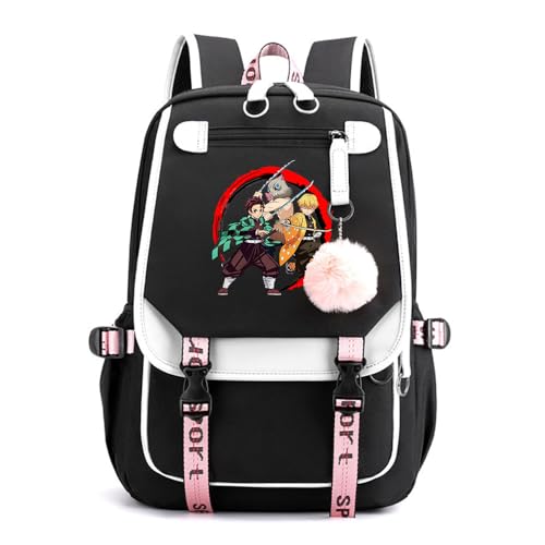 Anime Demon Tanjiro Nezuko Slayers Modisch Schule Bag Freizeitrucksäcke Frauen Schultaschen mit Haarballen-Anhänger für Damen Mädchen von Sageam