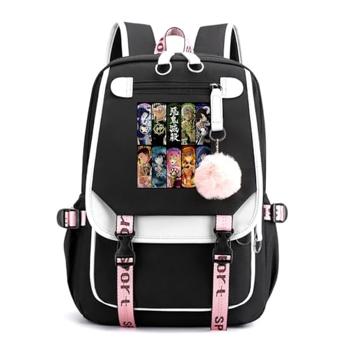Anime Demon Tanjiro Nezuko Slayers Modisch Schule Bag Freizeitrucksäcke Frauen Schultaschen mit Haarballen-Anhänger für Damen Mädchen von Sageam