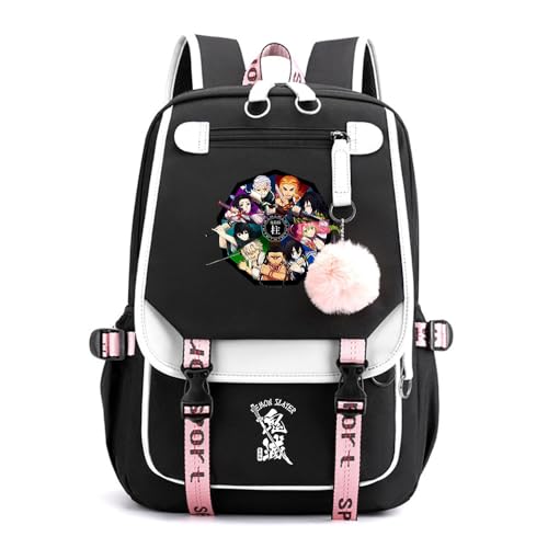 Anime Demon Tanjiro Nezuko Slayers Modisch Schule Bag Freizeitrucksäcke Frauen Schultaschen mit Haarballen-Anhänger für Damen Mädchen von Sageam