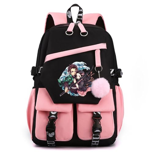Anime Demon Tanjiro Nezuko Slayers stilvoller Schulrucksack Freizeitrucksäcke Nylon Wasserdicht Daypack mit Haarballen-Anhänger für Damen Mädchen von Sageam