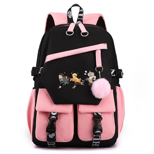 Anime Demon Tanjiro Nezuko Slayers stilvoller Schulrucksack Freizeitrucksäcke Nylon Wasserdicht Daypack mit Haarballen-Anhänger für Damen Mädchen von Sageam