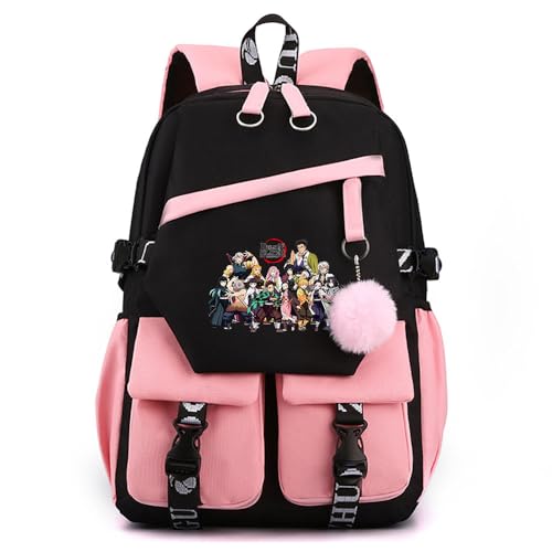 Anime Demon Tanjiro Nezuko Slayers stilvoller Schulrucksack Freizeitrucksäcke Nylon Wasserdicht Daypack mit Haarballen-Anhänger für Damen Mädchen von Sageam