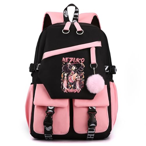 Anime Demon Tanjiro Nezuko Slayers stilvoller Schulrucksack Freizeitrucksäcke Nylon Wasserdicht Daypack mit Haarballen-Anhänger für Damen Mädchen von Sageam