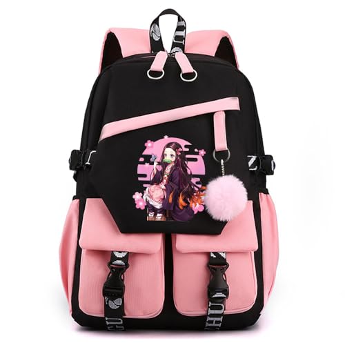 Anime Demon Tanjiro Nezuko Slayers stilvoller Schulrucksack Freizeitrucksäcke Nylon Wasserdicht Daypack mit Haarballen-Anhänger für Damen Mädchen von Sageam