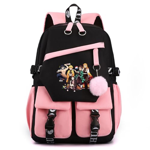 Anime Demon Tanjiro Nezuko Slayers stilvoller Schulrucksack Freizeitrucksäcke Nylon Wasserdicht Daypack mit Haarballen-Anhänger für Damen Mädchen von Sageam