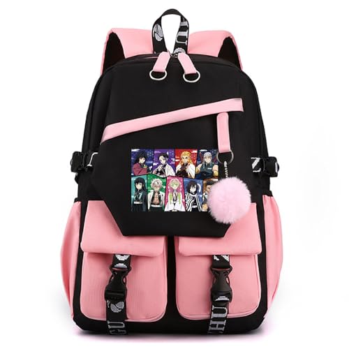 Anime Demon Tanjiro Nezuko Slayers stilvoller Schulrucksack Freizeitrucksäcke Nylon Wasserdicht Daypack mit Haarballen-Anhänger für Damen Mädchen von Sageam