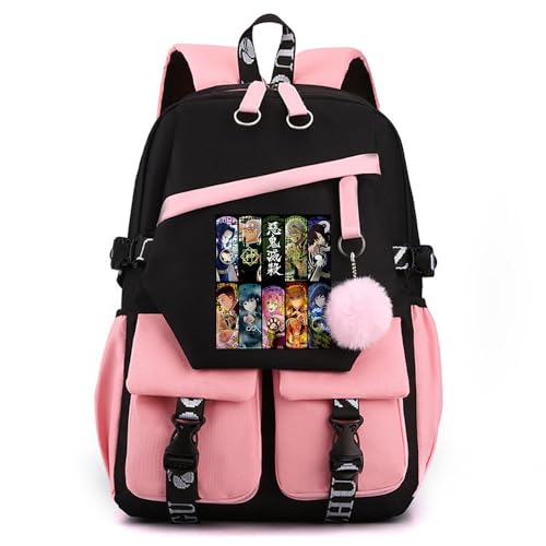 Anime Demon Tanjiro Nezuko Slayers stilvoller Schulrucksack Freizeitrucksäcke Nylon Wasserdicht Daypack mit Haarballen-Anhänger für Damen Mädchen von Sageam