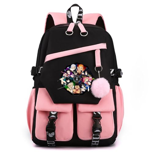 Anime Demon Tanjiro Nezuko Slayers stilvoller Schulrucksack Freizeitrucksäcke Nylon Wasserdicht Daypack mit Haarballen-Anhänger für Damen Mädchen von Sageam