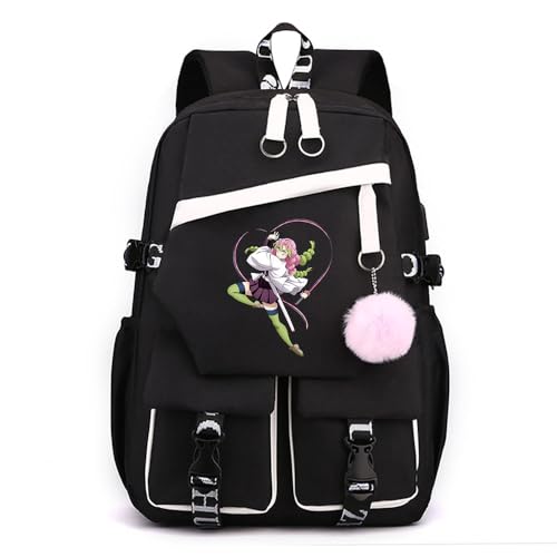 Anime Demon Tanjiro Nezuko Slayers stilvoller Schulrucksack Freizeitrucksäcke Nylon Wasserdicht Daypack mit Haarballen-Anhänger für Damen Mädchen von Sageam