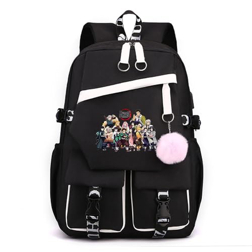 Anime Demon Tanjiro Nezuko Slayers stilvoller Schulrucksack Freizeitrucksäcke Nylon Wasserdicht Daypack mit Haarballen-Anhänger für Damen Mädchen von Sageam