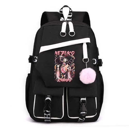 Anime Demon Tanjiro Nezuko Slayers stilvoller Schulrucksack Freizeitrucksäcke Nylon Wasserdicht Daypack mit Haarballen-Anhänger für Damen Mädchen von Sageam