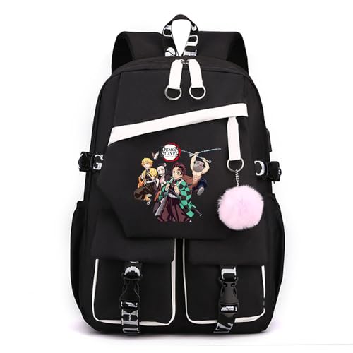 Anime Demon Tanjiro Nezuko Slayers stilvoller Schulrucksack Freizeitrucksäcke Nylon Wasserdicht Daypack mit Haarballen-Anhänger für Damen Mädchen von Sageam