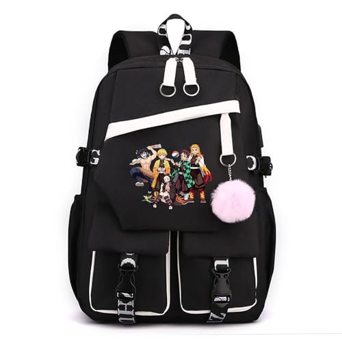 Anime Demon Tanjiro Nezuko Slayers stilvoller Schulrucksack Freizeitrucksäcke Nylon Wasserdicht Daypack mit Haarballen-Anhänger für Damen Mädchen von Sageam