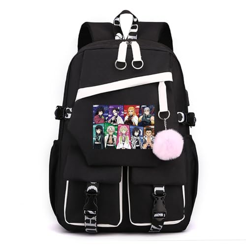 Anime Demon Tanjiro Nezuko Slayers stilvoller Schulrucksack Freizeitrucksäcke Nylon Wasserdicht Daypack mit Haarballen-Anhänger für Damen Mädchen von Sageam