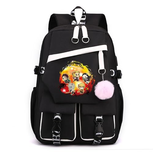 Anime Demon Tanjiro Nezuko Slayers stilvoller Schulrucksack Freizeitrucksäcke Nylon Wasserdicht Daypack mit Haarballen-Anhänger für Damen Mädchen von Sageam