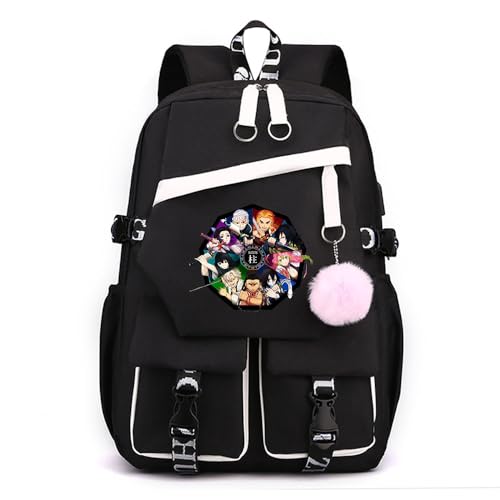 Anime Demon Tanjiro Nezuko Slayers stilvoller Schulrucksack Freizeitrucksäcke Nylon Wasserdicht Daypack mit Haarballen-Anhänger für Damen Mädchen von Sageam
