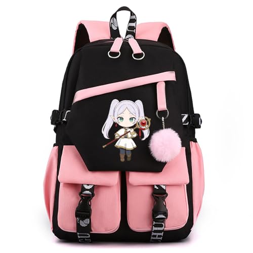 Sageam Anime Frieren: Beyond Journey's End stilvoller Schulrucksack Freizeitrucksäcke Nylon Wasserdicht Daypack mit Haarballen-Anhänger für Damen Mädchen von Sageam