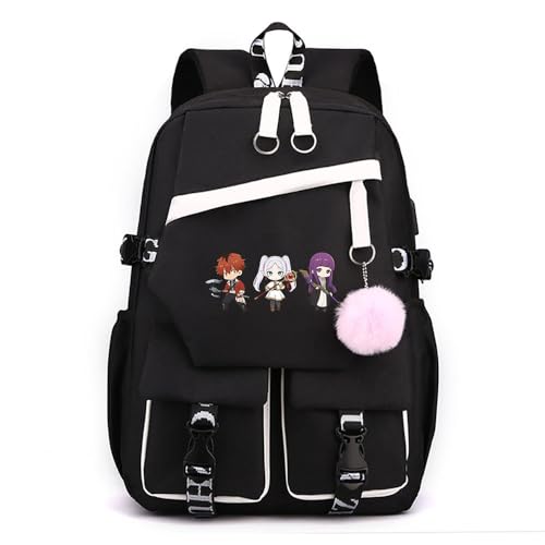 Sageam Anime Frieren: Beyond Journey's End stilvoller Schulrucksack Freizeitrucksäcke Nylon Wasserdicht Daypack mit Haarballen-Anhänger für Damen Mädchen von Sageam