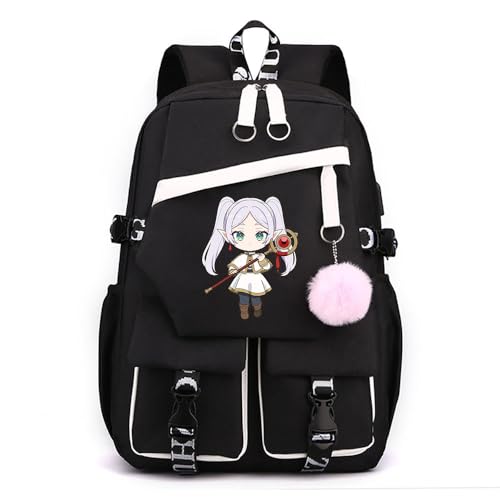 Sageam Anime Frieren: Beyond Journey's End stilvoller Schulrucksack Freizeitrucksäcke Nylon Wasserdicht Daypack mit Haarballen-Anhänger für Damen Mädchen von Sageam