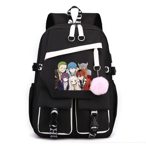 Sageam Anime Frieren: Beyond Journey's End stilvoller Schulrucksack Freizeitrucksäcke Nylon Wasserdicht Daypack mit Haarballen-Anhänger für Damen Mädchen von Sageam