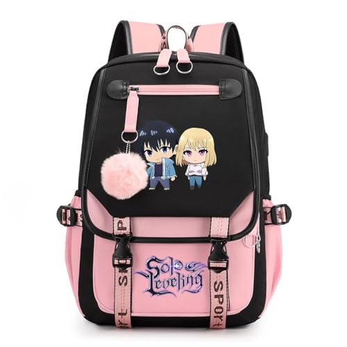 Sageam Anime Solo Leveling Merch Modisch Schule Bag Freizeitrucksäcke Frauen Schultaschen mit Haarballen-Anhänger für Mädchen Damen von Sageam