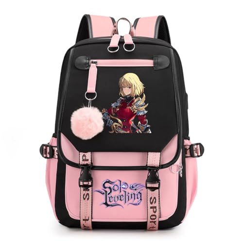 Sageam Anime Solo Leveling Merch Modisch Schule Bag Freizeitrucksäcke Frauen Schultaschen mit Haarballen-Anhänger für Mädchen Damen von Sageam
