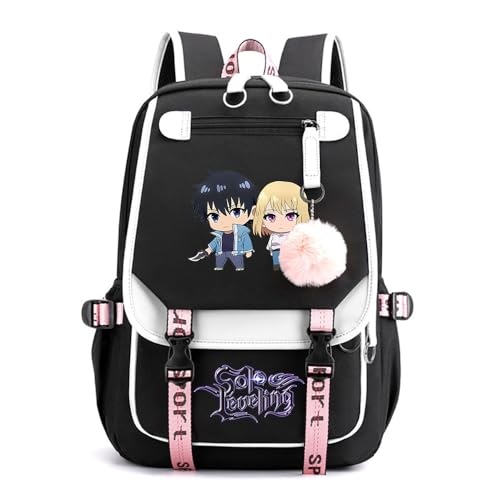 Sageam Anime Solo Leveling Merch Modisch Schule Bag Freizeitrucksäcke Frauen Schultaschen mit Haarballen-Anhänger für Mädchen Damen von Sageam