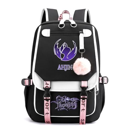 Sageam Anime Solo Leveling Merch Modisch Schule Bag Freizeitrucksäcke Frauen Schultaschen mit Haarballen-Anhänger für Mädchen Damen von Sageam