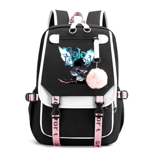 Sageam Anime Solo Leveling Merch Modisch Schule Bag Freizeitrucksäcke Frauen Schultaschen mit Haarballen-Anhänger für Mädchen Damen von Sageam