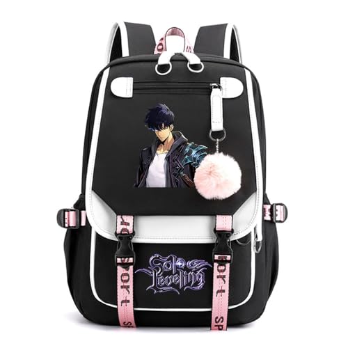 Sageam Anime Solo Leveling Merch Modisch Schule Bag Freizeitrucksäcke Frauen Schultaschen mit Haarballen-Anhänger für Mädchen Damen von Sageam