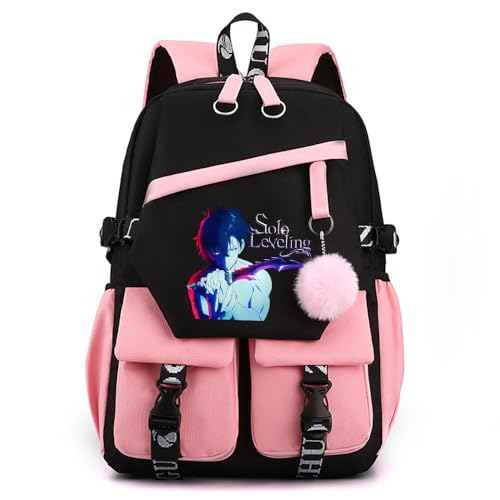 Sageam Anime Solo Leveling Merch stilvoller Schulrucksack Freizeitrucksäcke Nylon Wasserdicht Daypack mit Haarballen-Anhänger für Mädchen Damen von Sageam