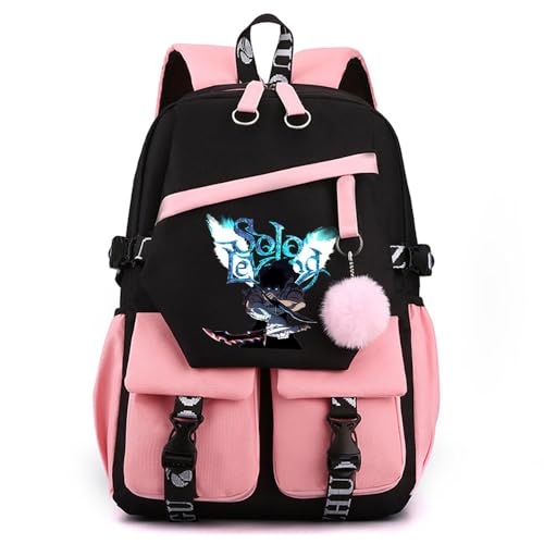 Sageam Anime Solo Leveling Merch stilvoller Schulrucksack Freizeitrucksäcke Nylon Wasserdicht Daypack mit Haarballen-Anhänger für Mädchen Damen von Sageam