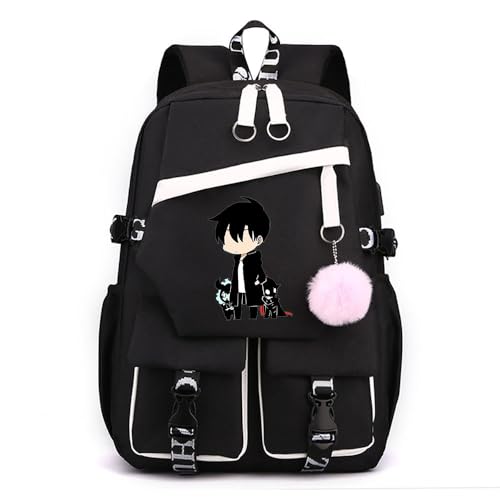Sageam Anime Solo Leveling Merch stilvoller Schulrucksack Freizeitrucksäcke Nylon Wasserdicht Daypack mit Haarballen-Anhänger für Mädchen Damen von Sageam
