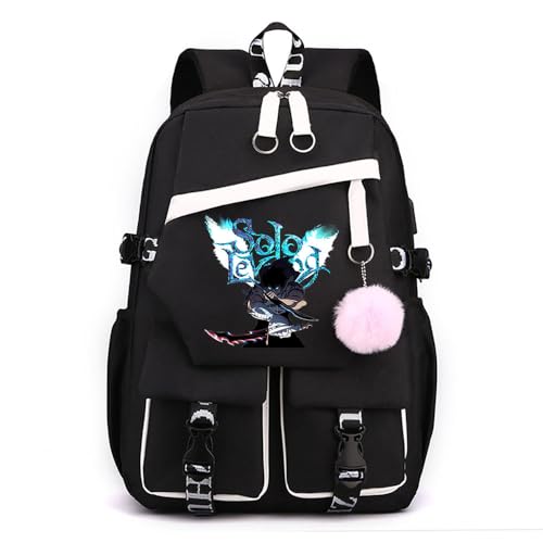 Sageam Anime Solo Leveling Merch stilvoller Schulrucksack Freizeitrucksäcke Nylon Wasserdicht Daypack mit Haarballen-Anhänger für Mädchen Damen von Sageam