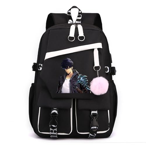Sageam Anime Solo Leveling Merch stilvoller Schulrucksack Freizeitrucksäcke Nylon Wasserdicht Daypack mit Haarballen-Anhänger für Mädchen Damen von Sageam