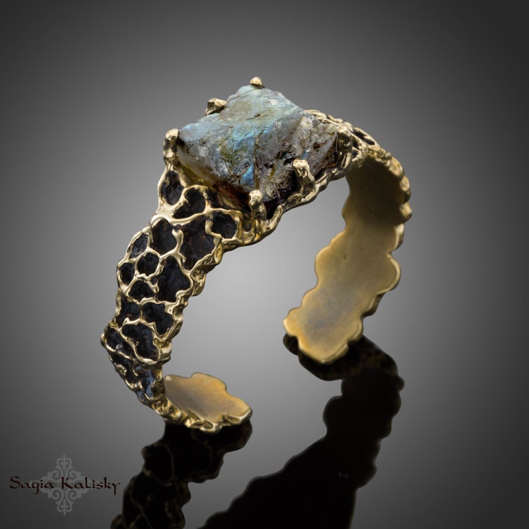 Labradorit Manschette Armband, Messing Edelstein Statement Chunky Groß Stein Womens Boho Schmuck von Sagia