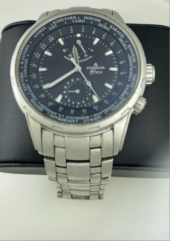 Dugena M-Tech Worldtimer Automatic Power Reserve Jumbo Schwarzes Zifferblatt Ausstellung Saphir Case Back Kalender Datum von SagoInternational