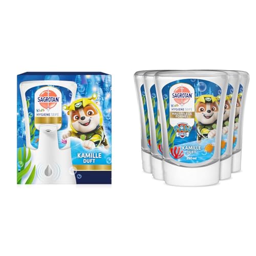 Sagrotan No-Touch Kids Hygiene Seife Automatischer Seifenspender inkl. Nachfüller Kamille – 1 x 250 ml + Kids No-Touch Nachfüller Kamille für den automatischen Seifenspender – 5 x 250 ml von Sagrotan