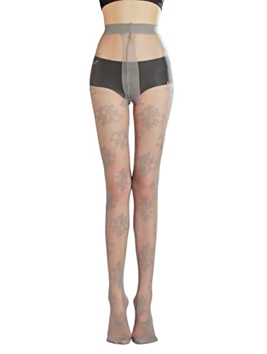 Sahabowi Damen-Strumpfhose, beflockt, sexy, dünn, luxuriös, hohe Taille, Strumpfhose, formend, schlankmachend, ButtLifting Strümpfe, Grauer Rosenknospen-Jacquard, Einheitsgröße von Sahabowi