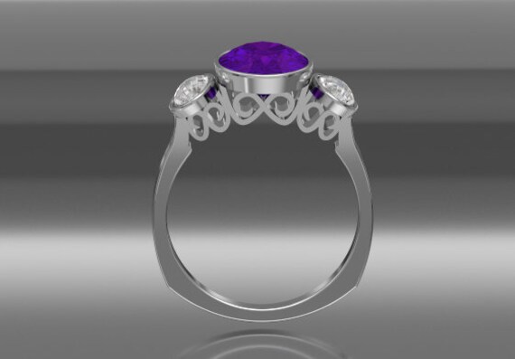 14 Kt Weißgold Designer Ring Mit 10x8 Mm Ovalen Amethyst Und Zwei 6x4 Mondsteinen in Einfassungen von Sahagundesigns