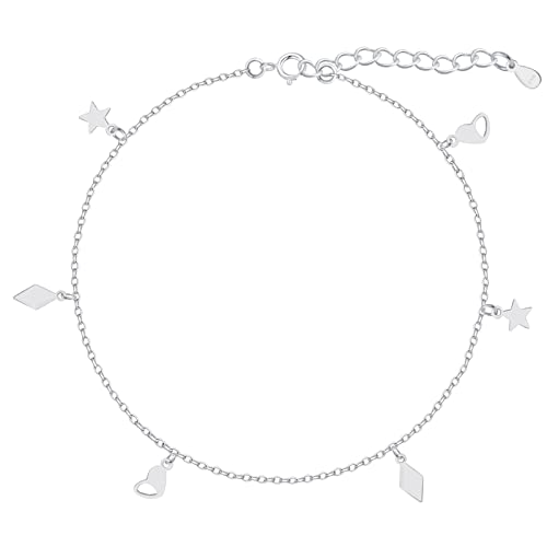 Sahallo Fußkettchen weiß Fußkette lang Modeschmuck 925 Sterling Silber Sterne Herz Anhänger Fußschmuck Strand verstellbar kombinierbar mit Schmuckkästchen als Geschenk für Damen Frauen Mädchen von Sahallo