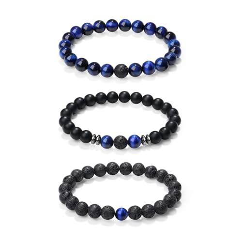 Sahoottie 3 Stücke Armband Herren Naturstein Perlenarmbänder Herren 8mm Lapislazuli Tigerauge Armband Onyxstein Lavastein Perlenarmband Set Stretch Armbänder Männer Geburtstagsgeschenk für Männer von Sahoottie