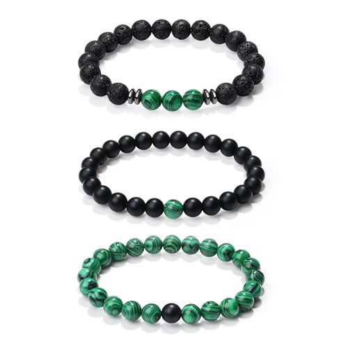 Sahoottie 3 Stücke Armband Herren Naturstein Perlenarmbänder Herren 8mm Lavastein Armband Malachit Schwarzer Onyxstein Perlenarmband Set Stretch Armbänder Männer Geburtstagsgeschenk für Männer von Sahoottie