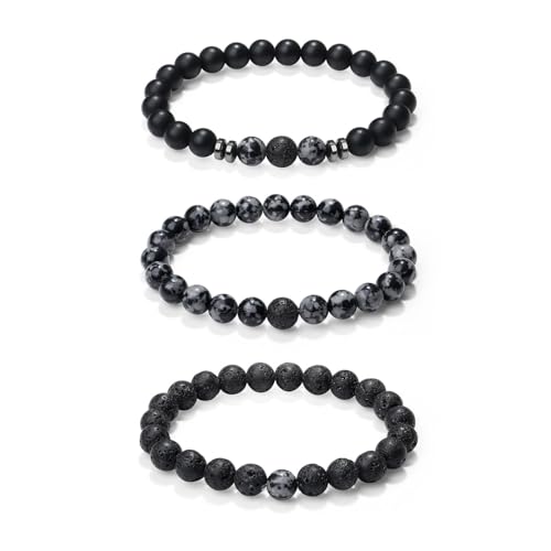 Sahoottie 3 Stücke Armband Herren Naturstein Perlenarmbänder Herren 8mm Lavastein Armband Schneeflockenperlen Onyxstein Perlenarmband Set Stretch Armbänder Männer Geburtstagsgeschenk für Männer von Sahoottie