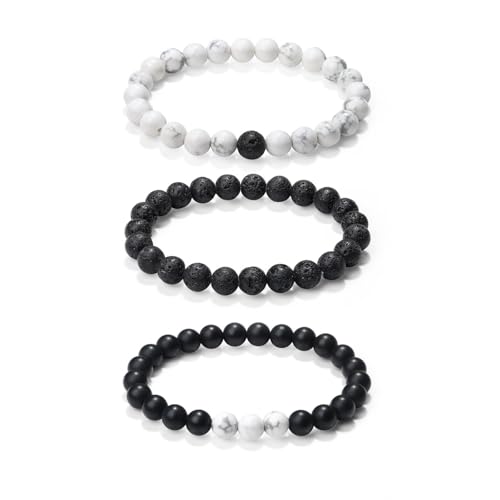 Sahoottie 3 Stücke Armband Herren Naturstein Perlenarmbänder Herren 8mm Lavastein Armband Weiß Türkis Onyxstein Perlenarmband Set Stretch Armbänder Männer Geburtstagsgeschenk für Männer von Sahoottie
