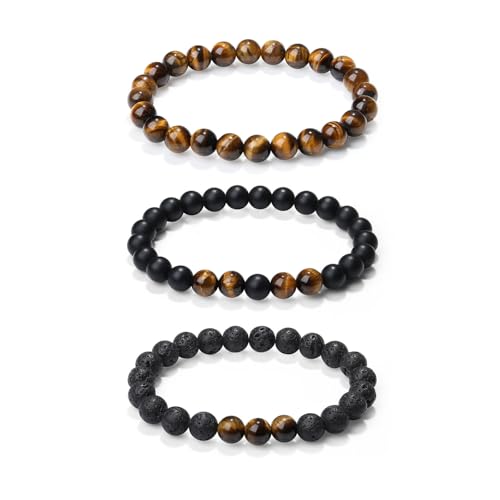Sahoottie 3 Stücke Armband Herren Naturstein Perlenarmbänder Herren 8mm Tigerauge Armband Schwarzer Onyxstein Lavastein Perlenarmband Set Stretch Armbänder Männer Geburtstagsgeschenk für Männer von Sahoottie