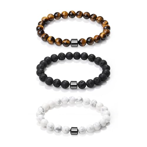 Sahoottie 3 Stücke Armband Herren Naturstein Perlenarmbänder Herren 8mm Tigerauge Armband Weiß Türkis Lavastein Perlenarmband Set Stretch Armbänder Männer Geburtstagsgeschenk für Männer von Sahoottie