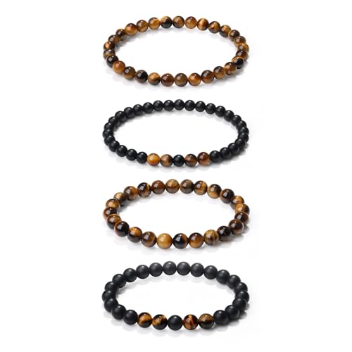 Sahoottie 4 Stücke Armband Herren Naturstein Perlenarmbänder Herren 6mm 8mm Tigerauge Armband Schwarzer Onyxstein Perlenarmband Set Stretch Armbänder Männer Geburtstagsgeschenk für Männer von Sahoottie