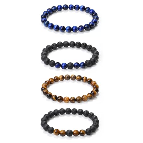 Sahoottie 4 Stücke Armband Herren Naturstein Perlenarmbänder Herren 8mm Blau Braun Tigerauge Armband Lavastein Perlenarmband Set Stretch Armbänder Männer Geburtstagsgeschenk für Männer von Sahoottie